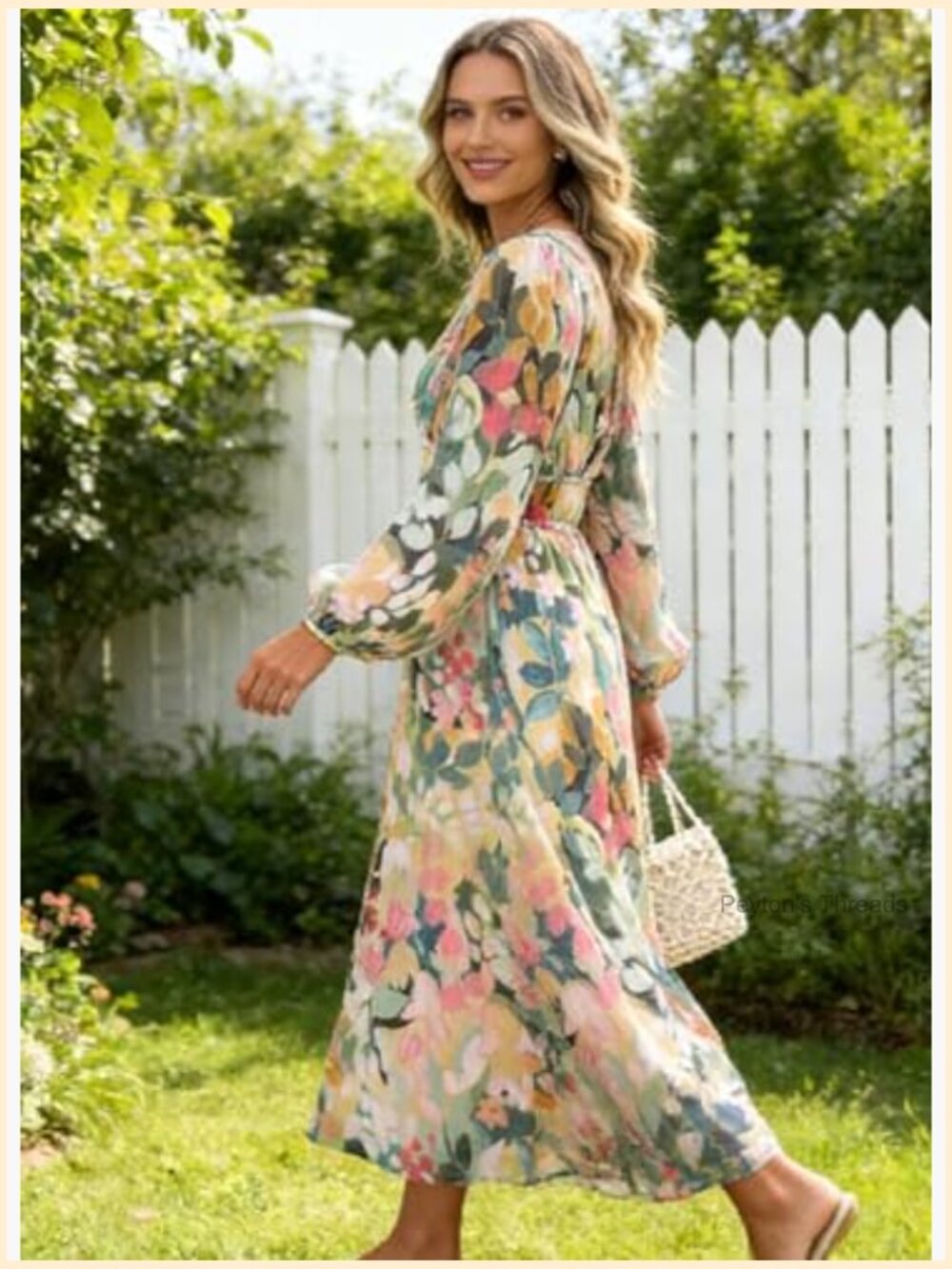 Elegant Wedding Guest Maxi Dress Long Sleeve V-Neck Puff Sleeve Boho Flowy - Picture 3 of 7